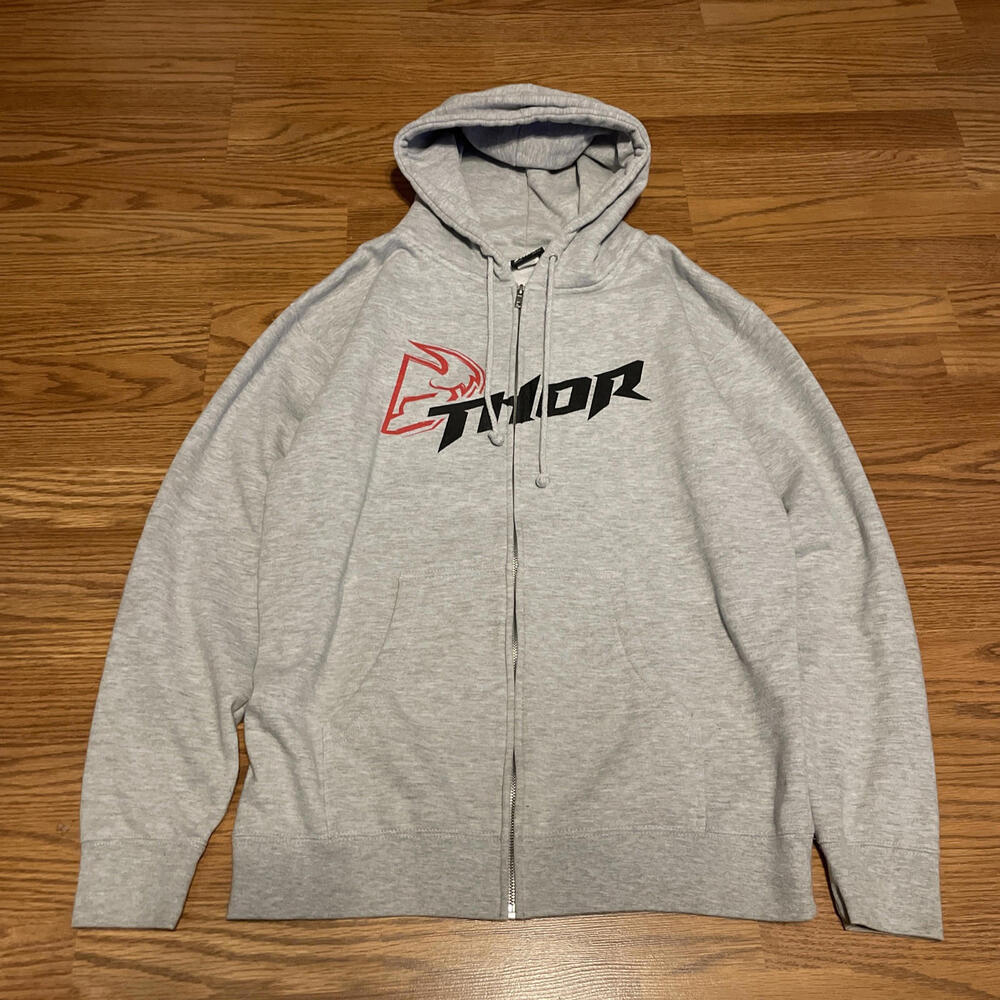 Thor Hoodie Mens Large Grey Full Zip Hoodie Motocross Grunge Y2K